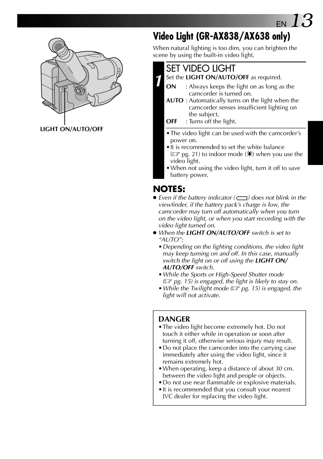 JVC GR-AX838EG instruction manual Video Light GR-AX838/AX638 only, SET Video Light, Light ON/AUTO/OFF 