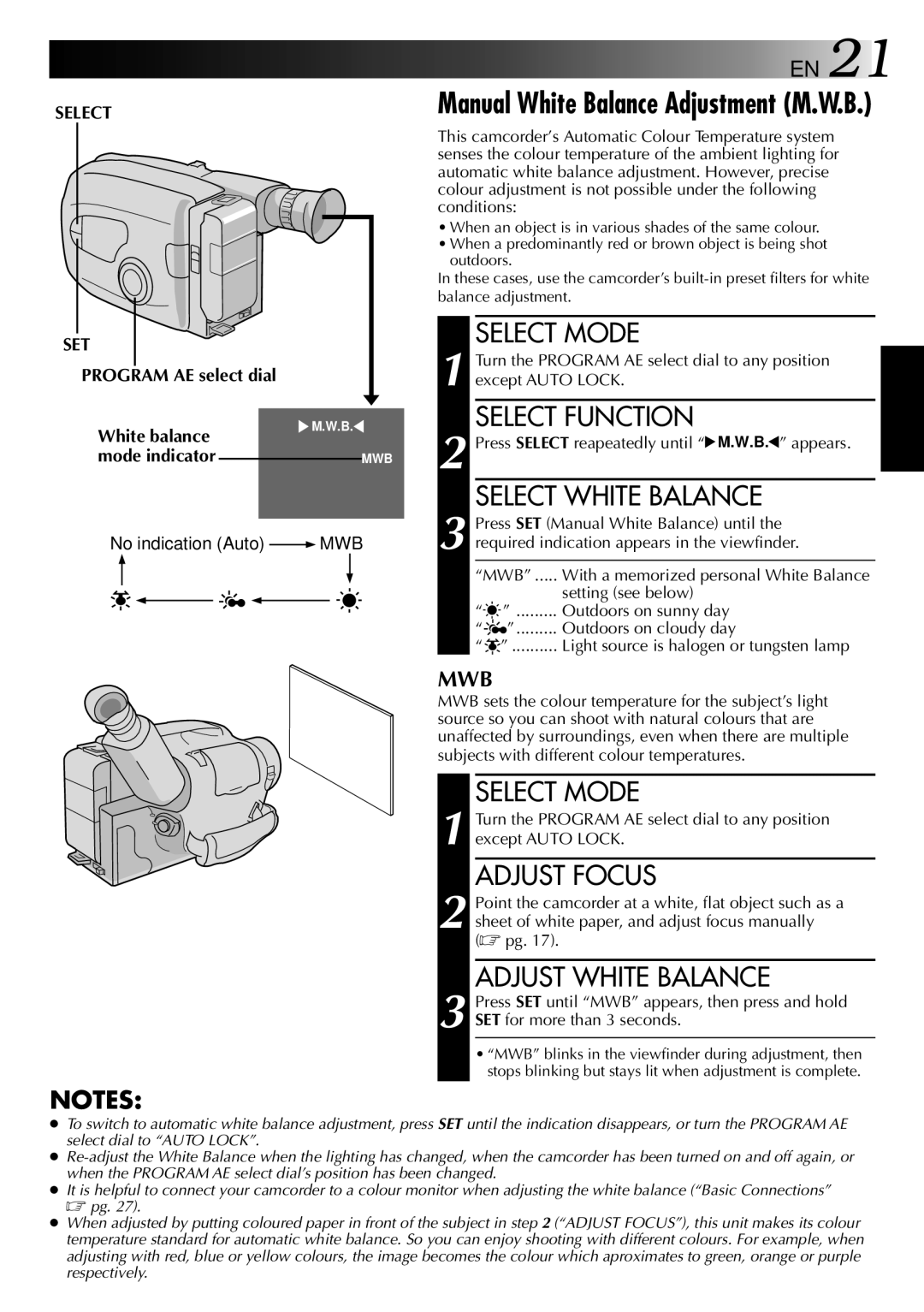 JVC GR-AX838EG instruction manual Select White Balance, Adjust Focus, Adjust White Balance, Select SET 