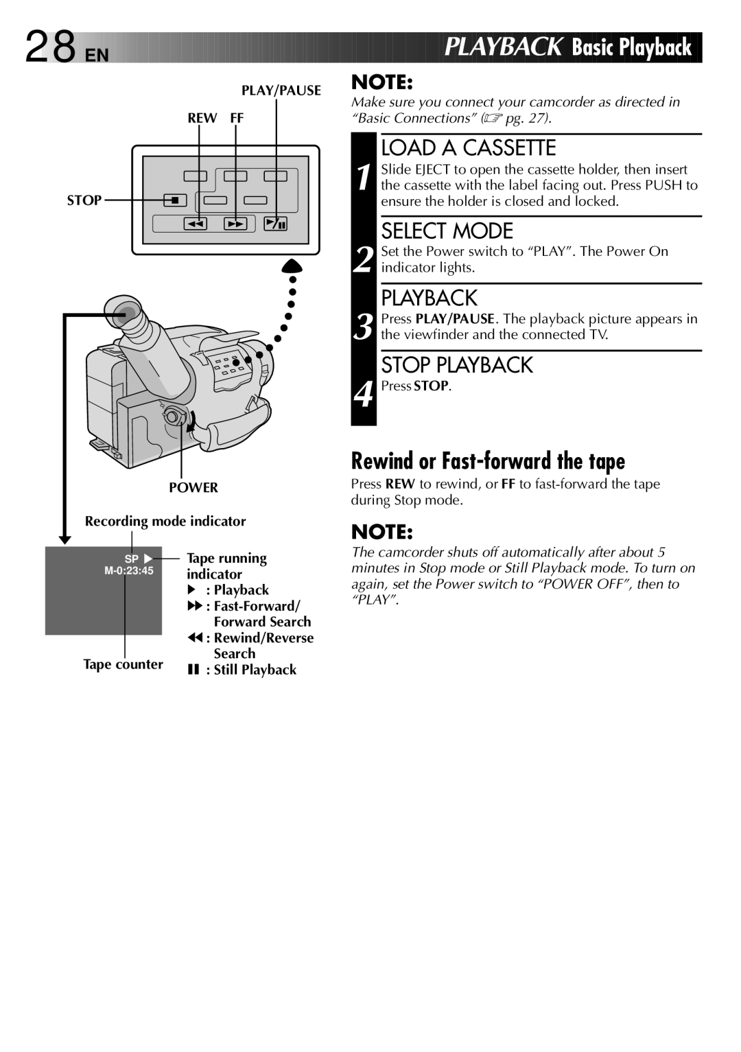 JVC GR-AX838EG instruction manual Rewind or Fast-forward the tape, Stop Playback, PLAY/PAUSE REW FF Stop Power 