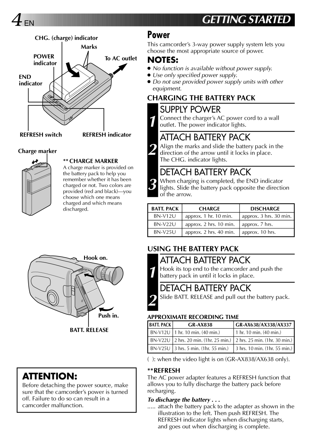 JVC GR-AX838EG instruction manual Supply Power, Attach Battery Pack, Detach Battery Pack 