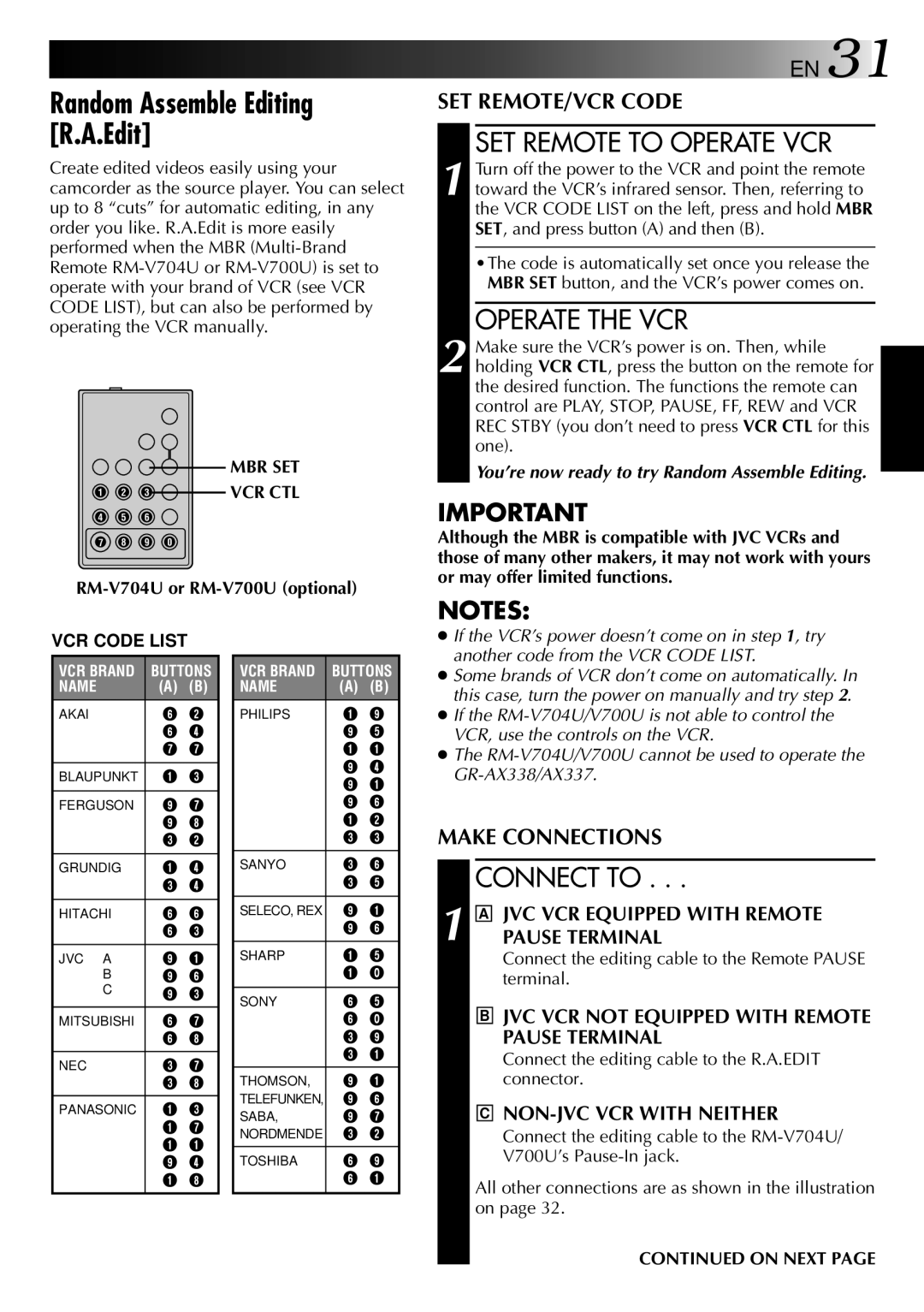 JVC GR-AX838EG Random Assemble Editing R.A.Edit, SET Remote to Operate VCR, Operate the VCR, Connect to, On Next 