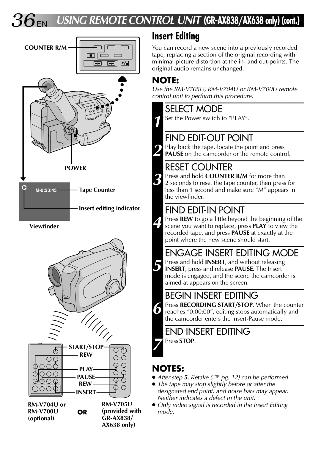 JVC GR-AX838EG instruction manual Counter R/M, Tape Counter, Viewfinder, START/STOP REW Play Pause Insert 