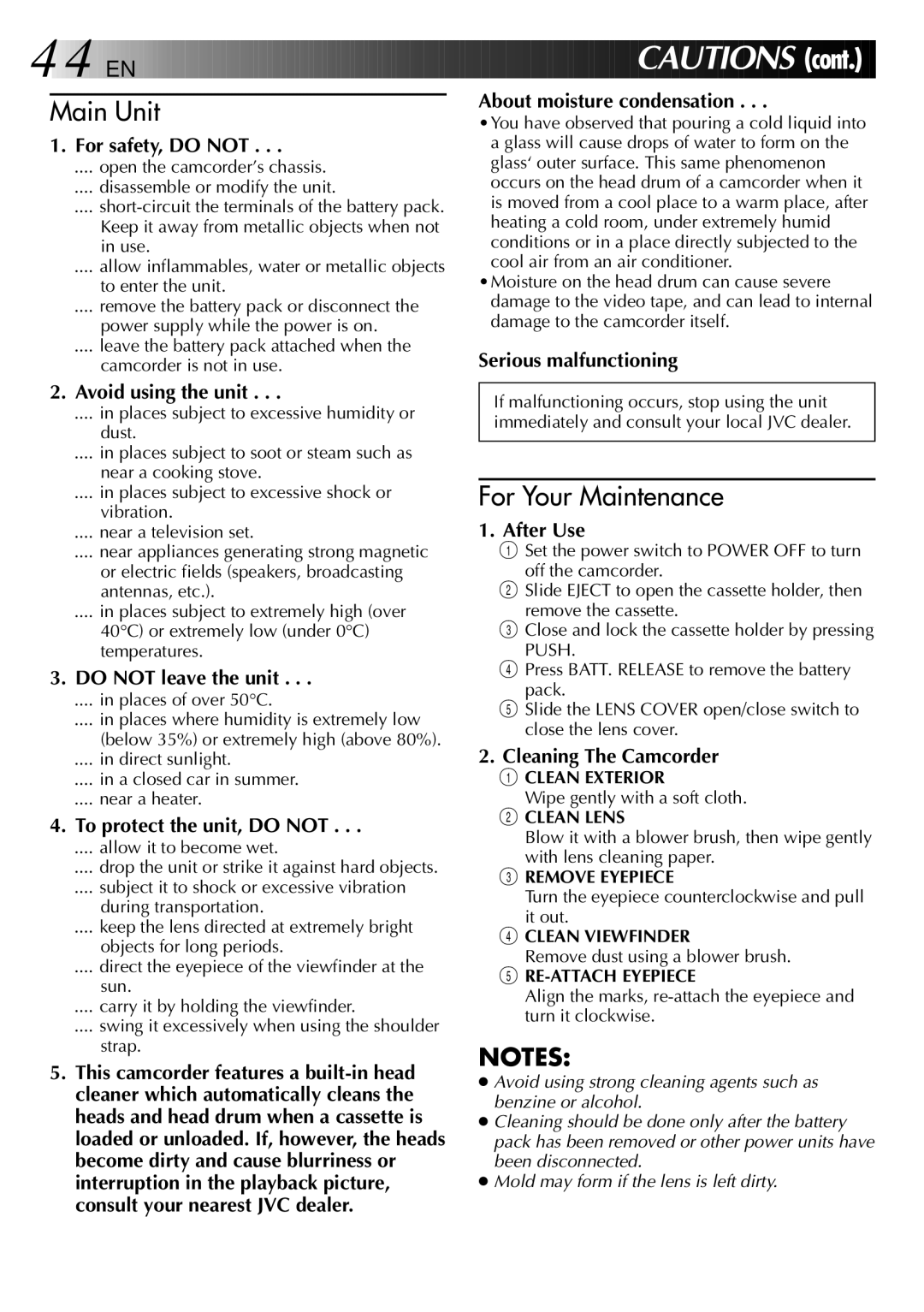 JVC GR-AX838EG instruction manual Clean Exterior, Clean Lens, Remove Eyepiece, Clean Viewfinder, RE-ATTACH Eyepiece 