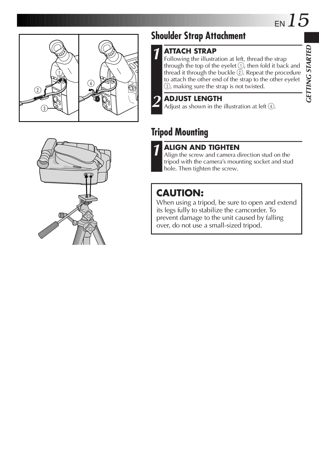 JVC GR-AX840 manual Shoulder Strap Attachment, Tripod Mounting, Attach Strap, Adjust Length, Align and Tighten 