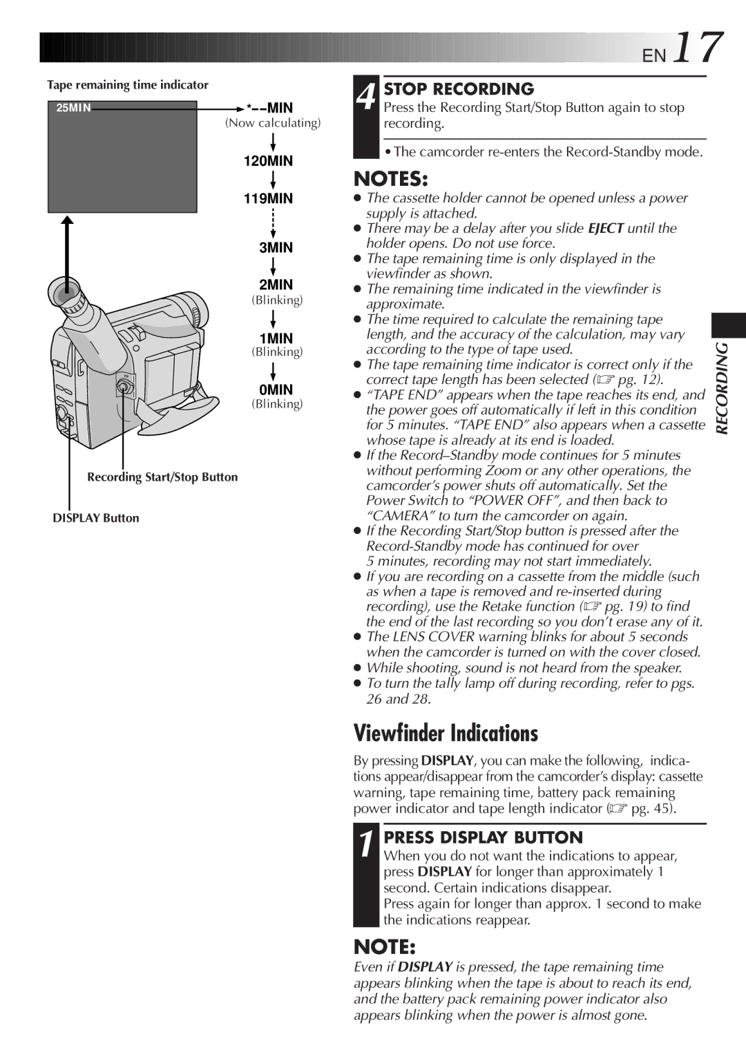 JVC GR-AX840 manual Viewfinder Indications, Stop Recording, Press Display Button 