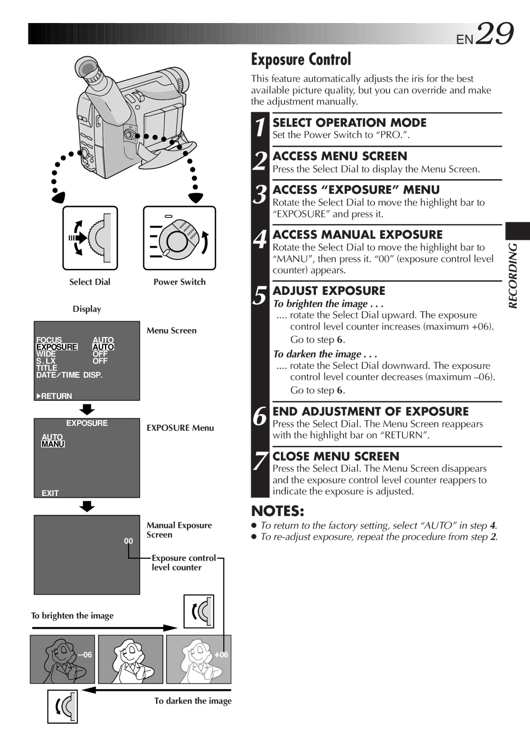 JVC GR-AX840 Exposure Control, Access Exposure Menu, Access Manual Exposure, Adjust Exposure, END Adjustment of Exposure 