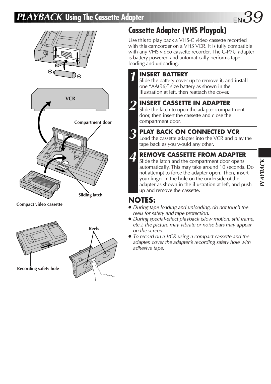 JVC GR-AX840 manual Using The Cassette Adapter EN39, Cassette Adapter VHS Playpak, Insert Battery 