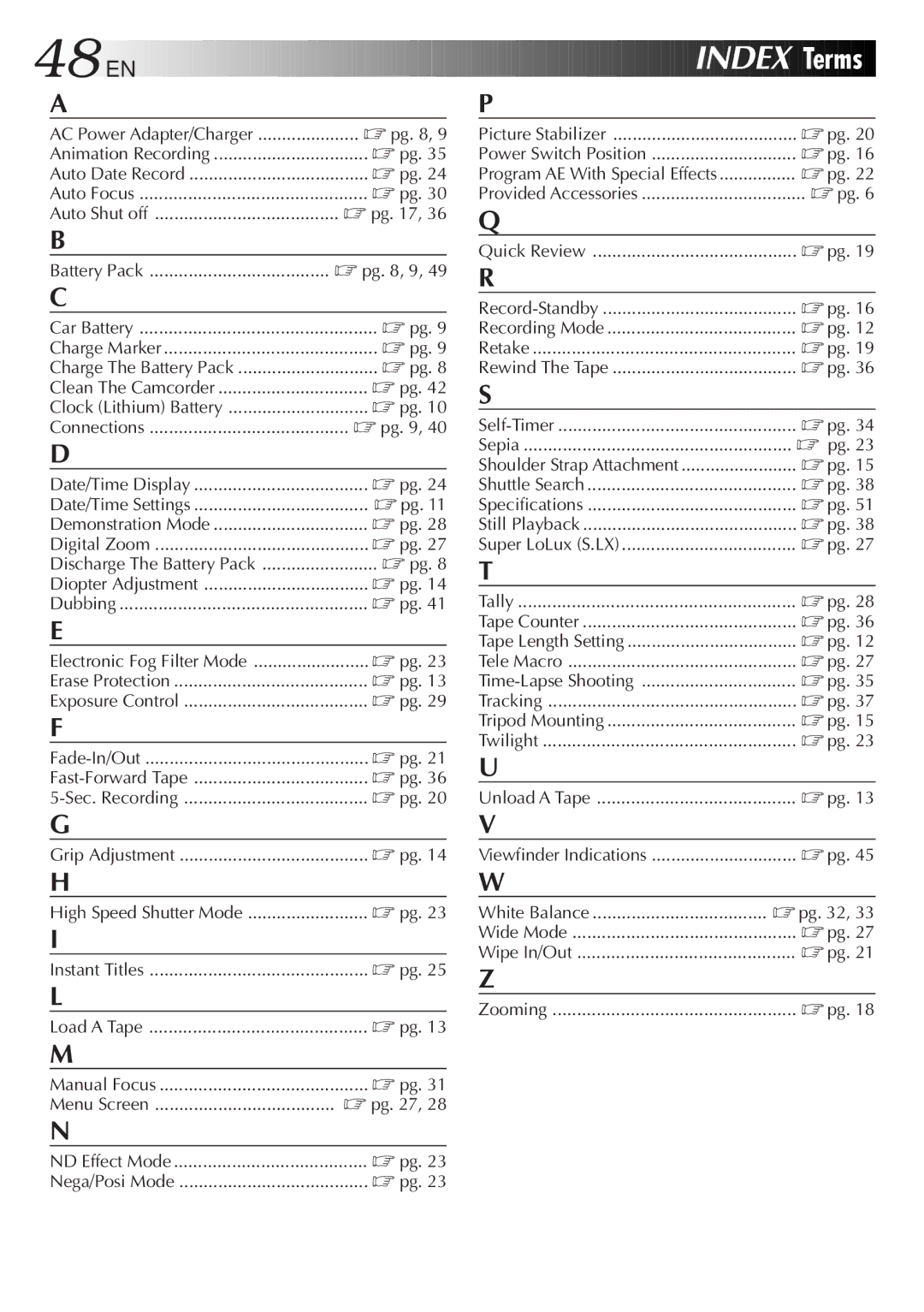 JVC GR-AX840 manual Index Terms, Pg , 9 