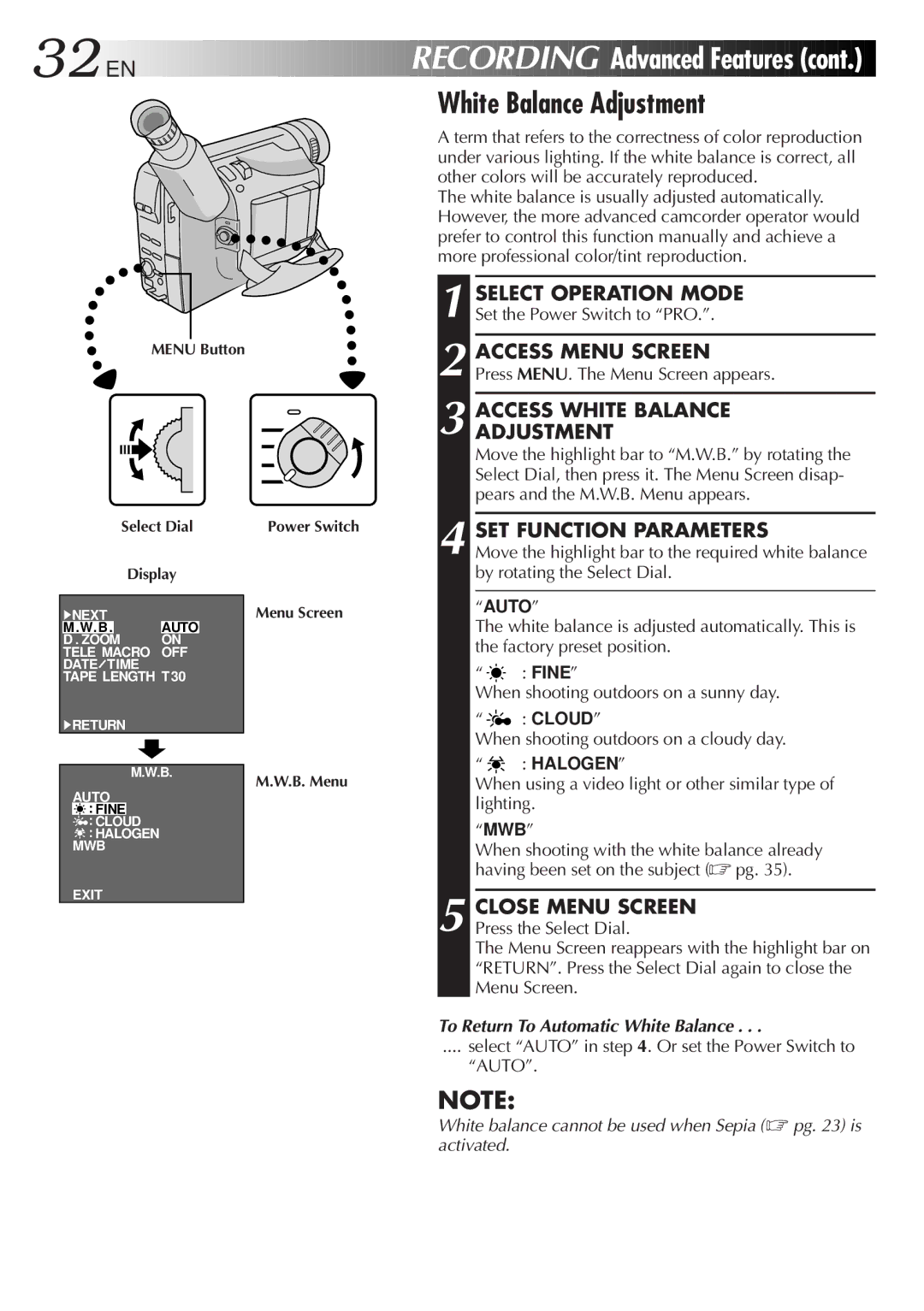 JVC GR-AX841 manual Access White Balance Adjustment, SET Function Parameters, To Return To Automatic White Balance 