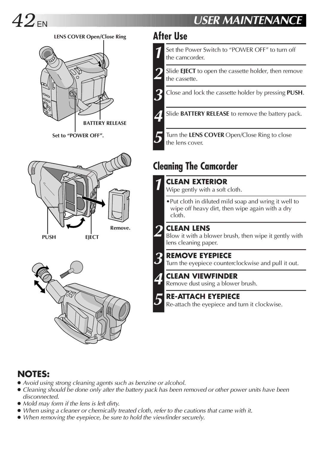 JVC GR-AX841 manual After Use, Cleaning The Camcorder, Clean Lens, Remove Eyepiece, RE-ATTACH Eyepiece 