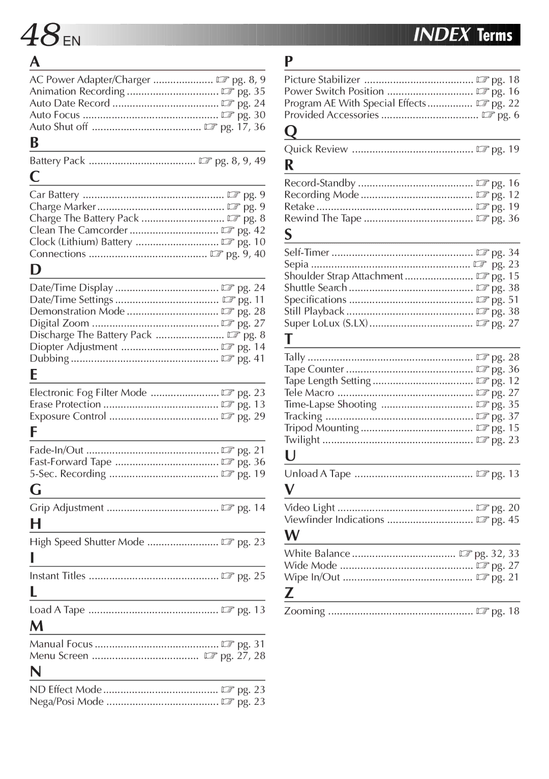 JVC GR-AX841 manual Index Terms, Pg , 9 