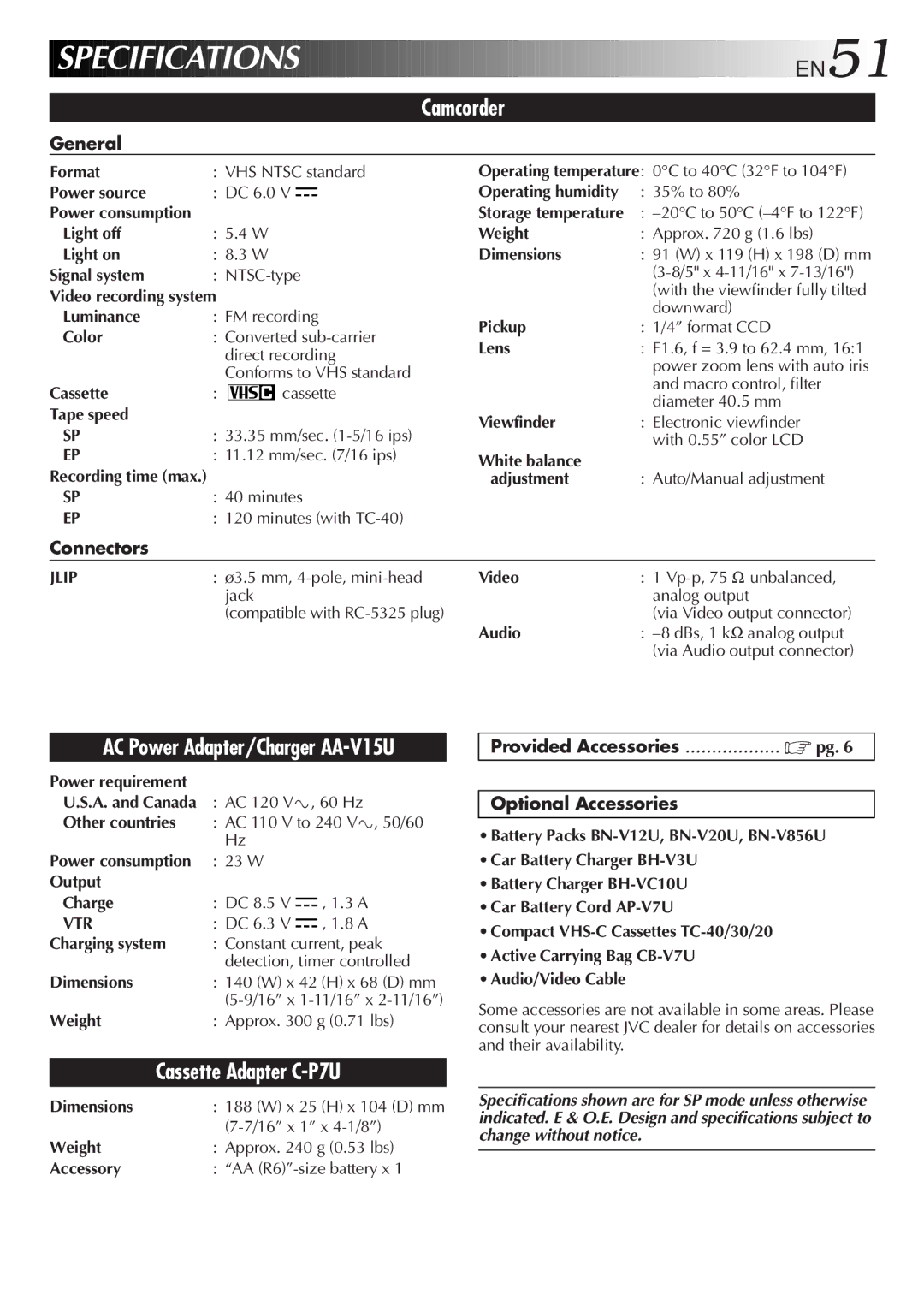 JVC GR-AX841 manual General, Connectors, Provided Accessories Optional Accessories 