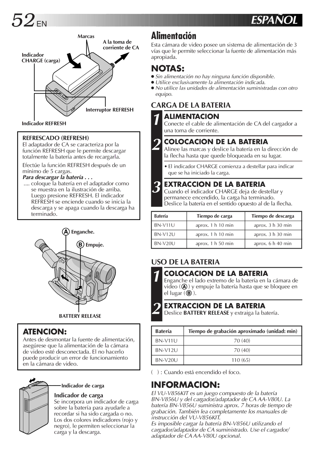 JVC GR-AX841 manual Alimentación, Alimentacion, Colocacion DE LA Bateria, Indicador de carga 