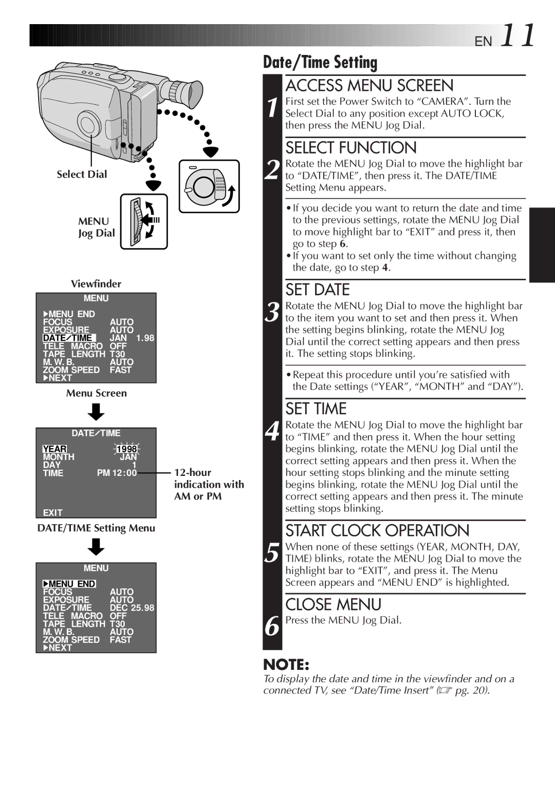 JVC GR-AX247UM, GR-AX847UM, LYT0105-001B manual Select Dial, Jog Dial Viewfinder, DATE/TIME Setting Menu 