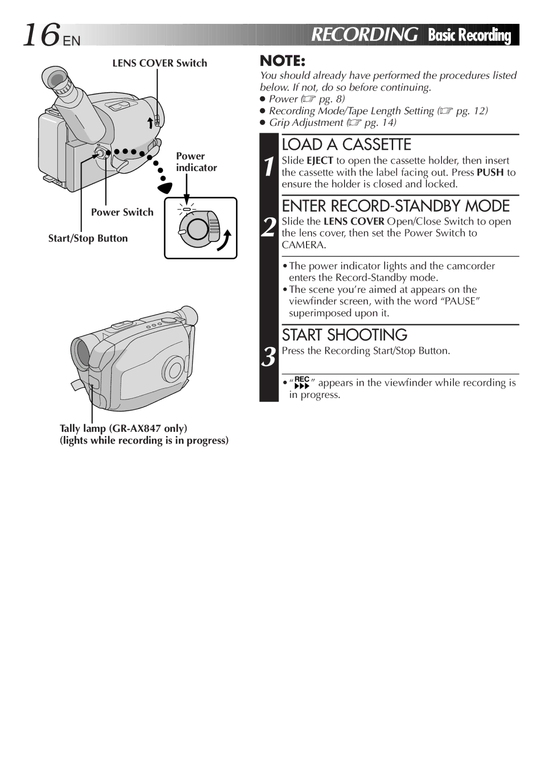 JVC LYT0105-001B, GR-AX847UM manual EN Recording Basic Recording, Load a Cassette, Enter RECORD-STANDBY Mode, Start Shooting 