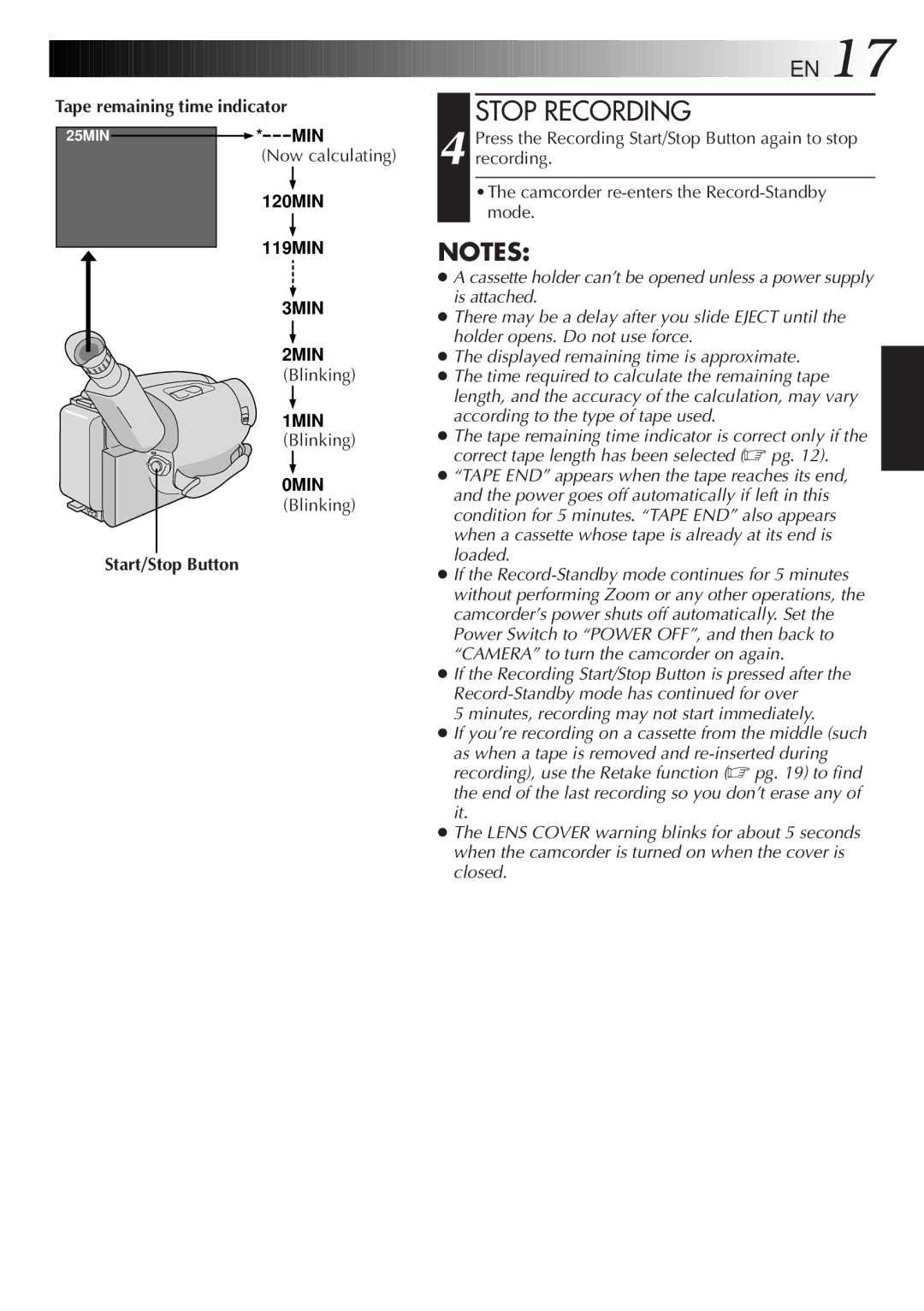 JVC GR-AX247UM, GR-AX847UM, LYT0105-001B manual Stop Recording, 3MIN 2MIN, 1MIN, 0MIN 