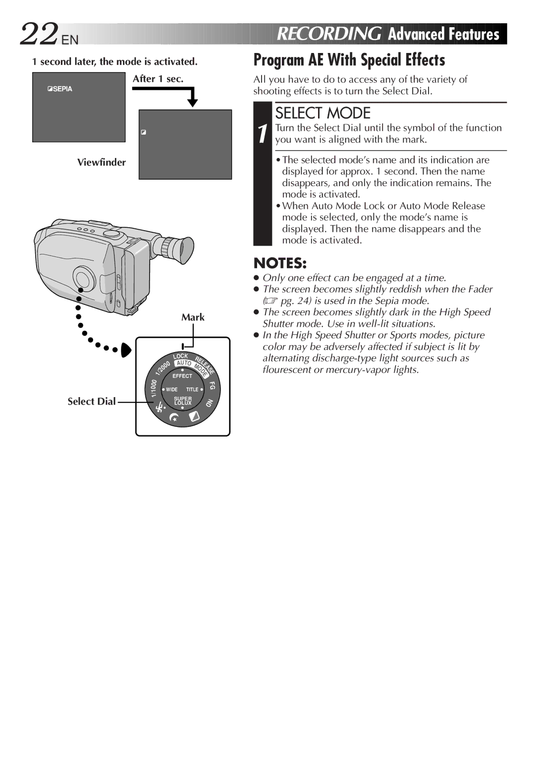 JVC LYT0105-001B, GR-AX847UM, GR-AX247UM manual Recording Advanced Features, Program AE With Special Effects, Mark 