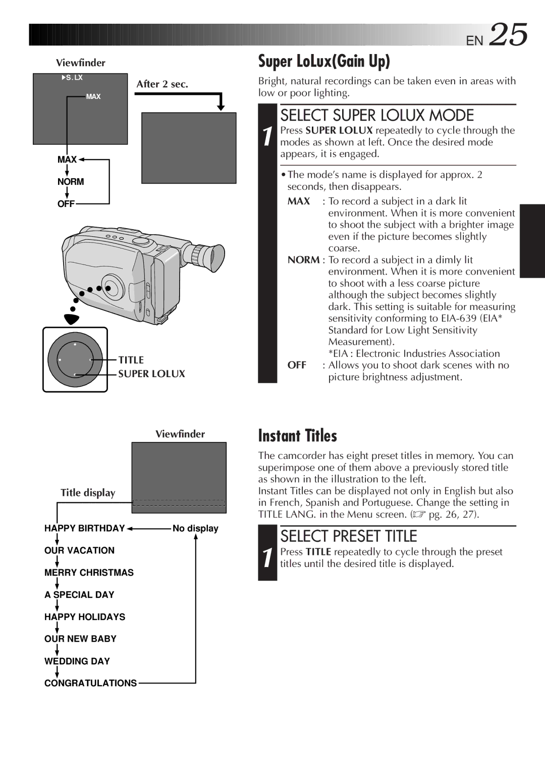 JVC LYT0105-001B manual Super LoLuxGain Up, Instant Titles, Select Super Lolux Mode, Select Preset Title, Title Super Lolux 