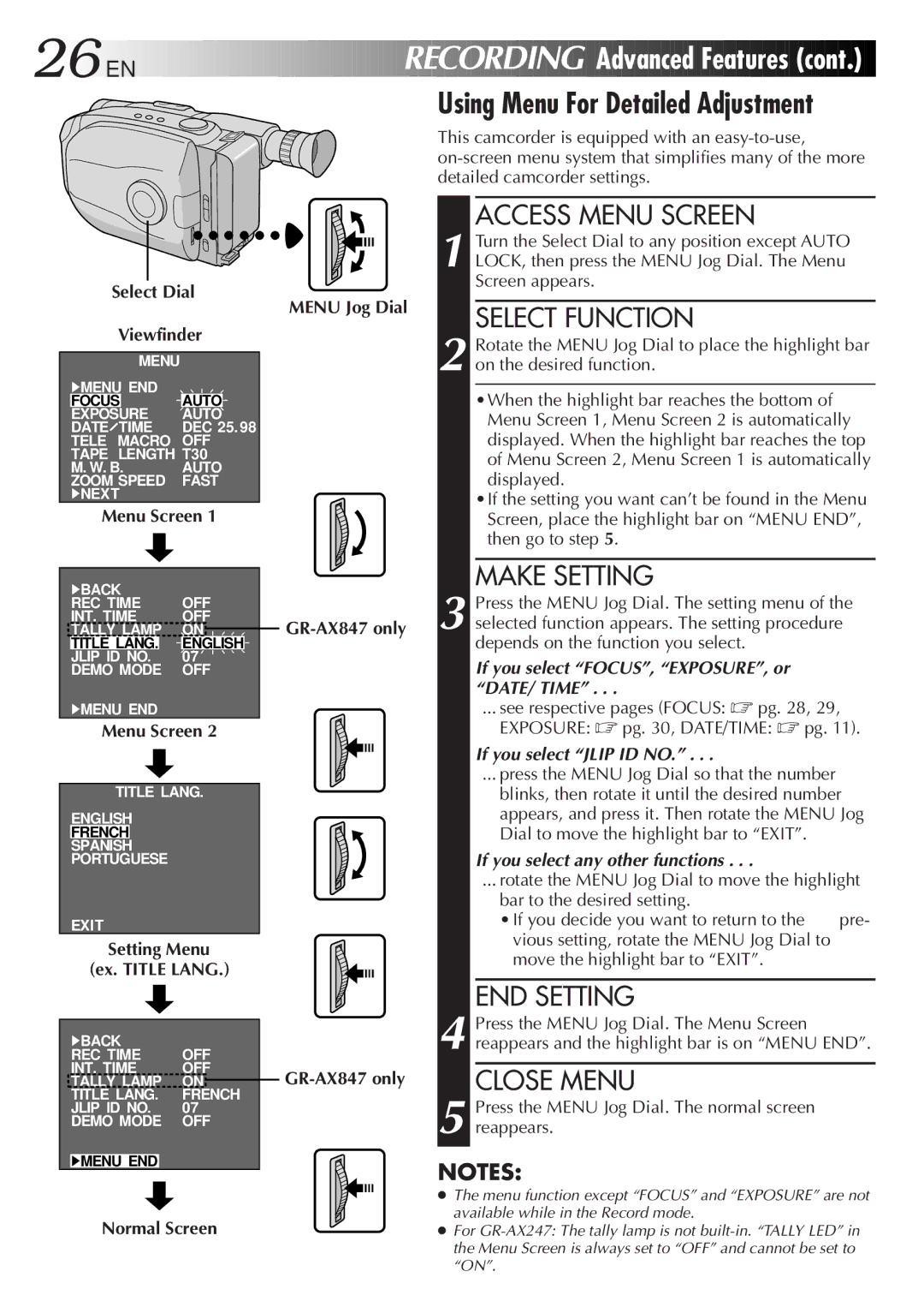 JVC GR-AX247UM manual Using Menu For Detailed Adjustment, Access Menu Screen, Select Function, END Setting, Close Menu 