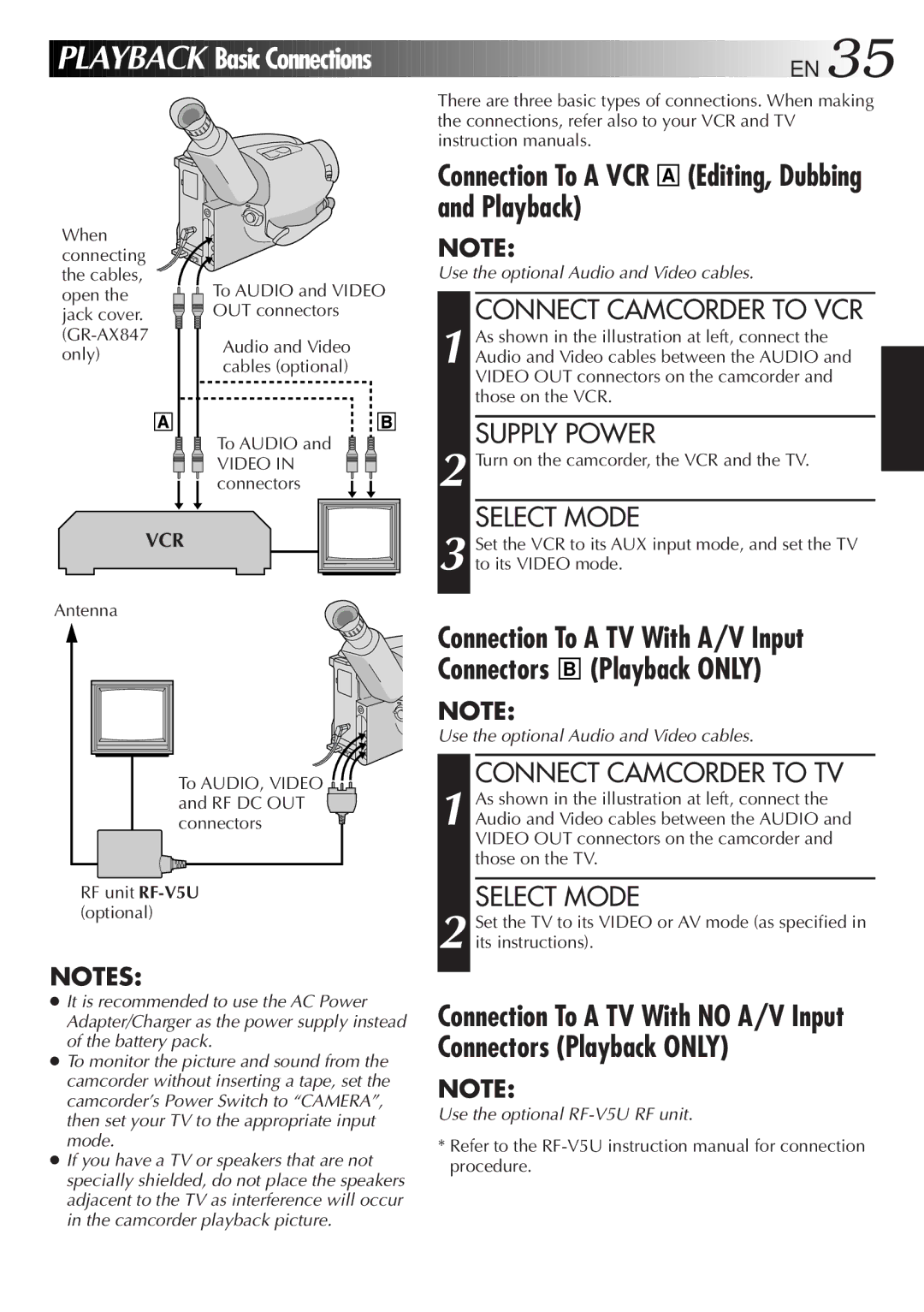 JVC GR-AX247UM Playback Basic Connections, Connection To a VCR a Editing, Dubbing and Playback, Connect Camcorder to VCR 