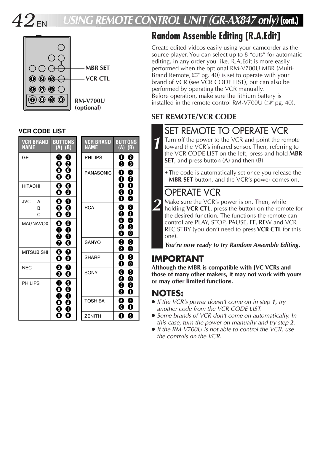 JVC GR-AX847UM manual Random Assemble Editing R.A.Edit, SET Remote to Operate VCR, 9 0 RM-V700U optional, VCR Code List 