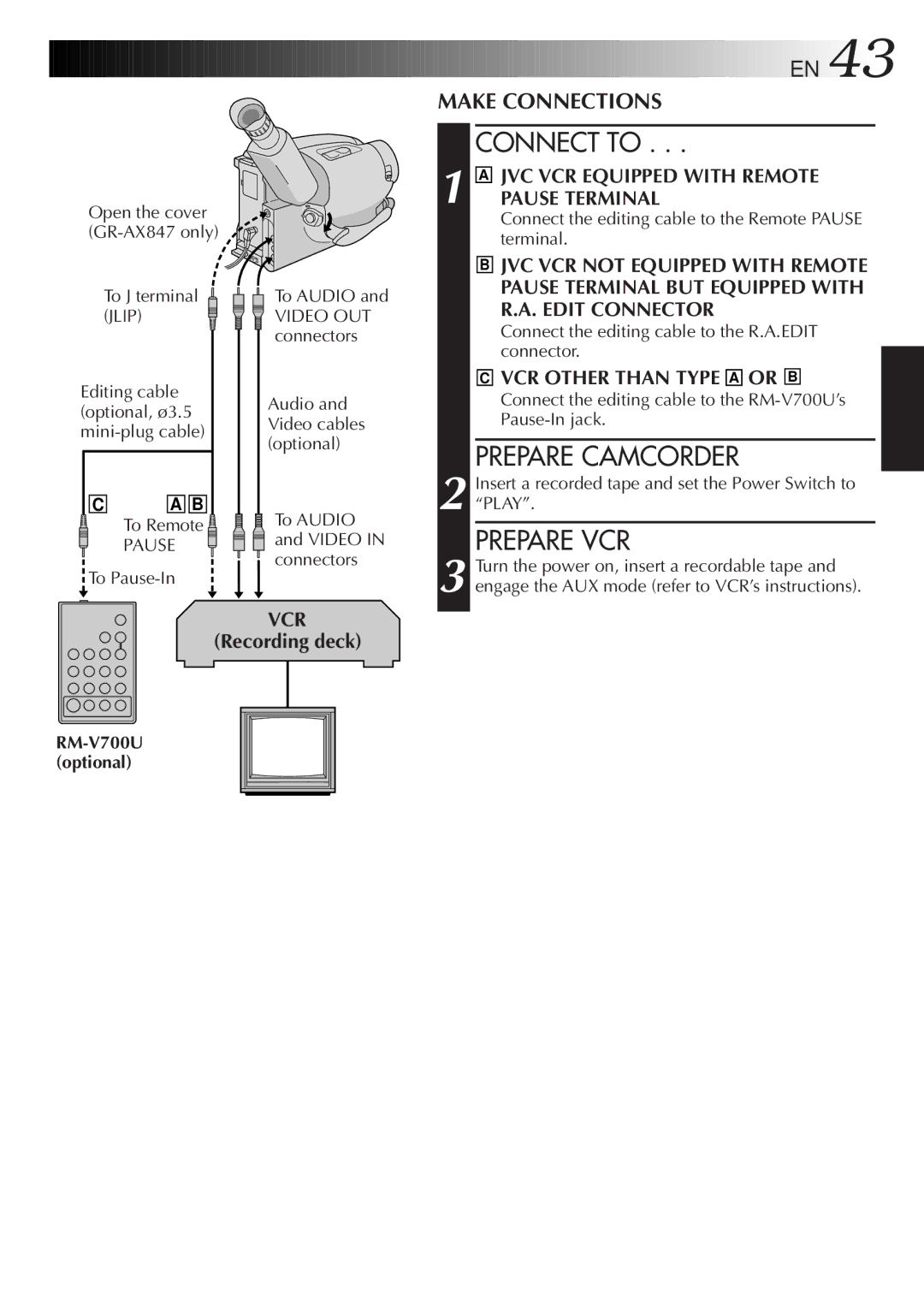 JVC LYT0105-001B, GR-AX847UM, GR-AX247UM manual Connect to, Prepare Camcorder, Prepare VCR, RM-V700U optional 