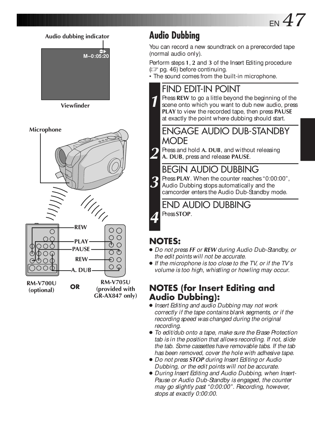 JVC GR-AX247UM, GR-AX847UM, LYT0105-001B manual Audio dubbing indicator Viewfinder Microphone, REW Play Pause DUB 