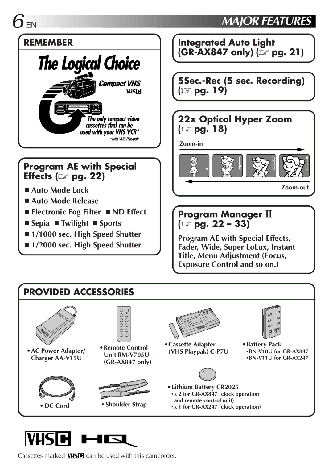 JVC GR-AX847UM manual Zoom-in, Zoom-out, DC Cord, Lithium Battery CR2025, Cassettes marked can be used with this camcorder 