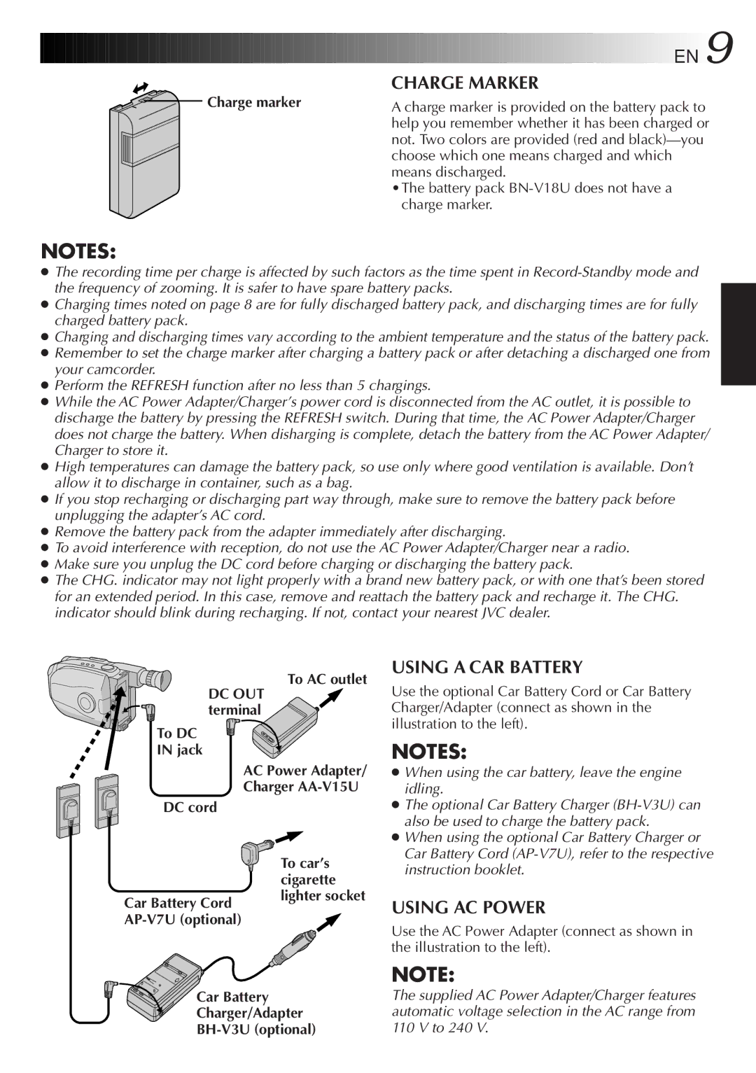 JVC GR-AX847UM manual Charge marker, To AC outlet DC OUT terminal To DC Jack, Car Battery Charger/Adapter BH-V3U optional 