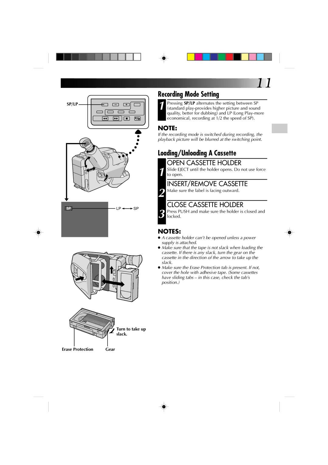 JVC GR-AX860 Recording Mode Setting, Loading/Unloading a Cassette, Open Cassette Holder, INSERT/REMOVE Cassette 