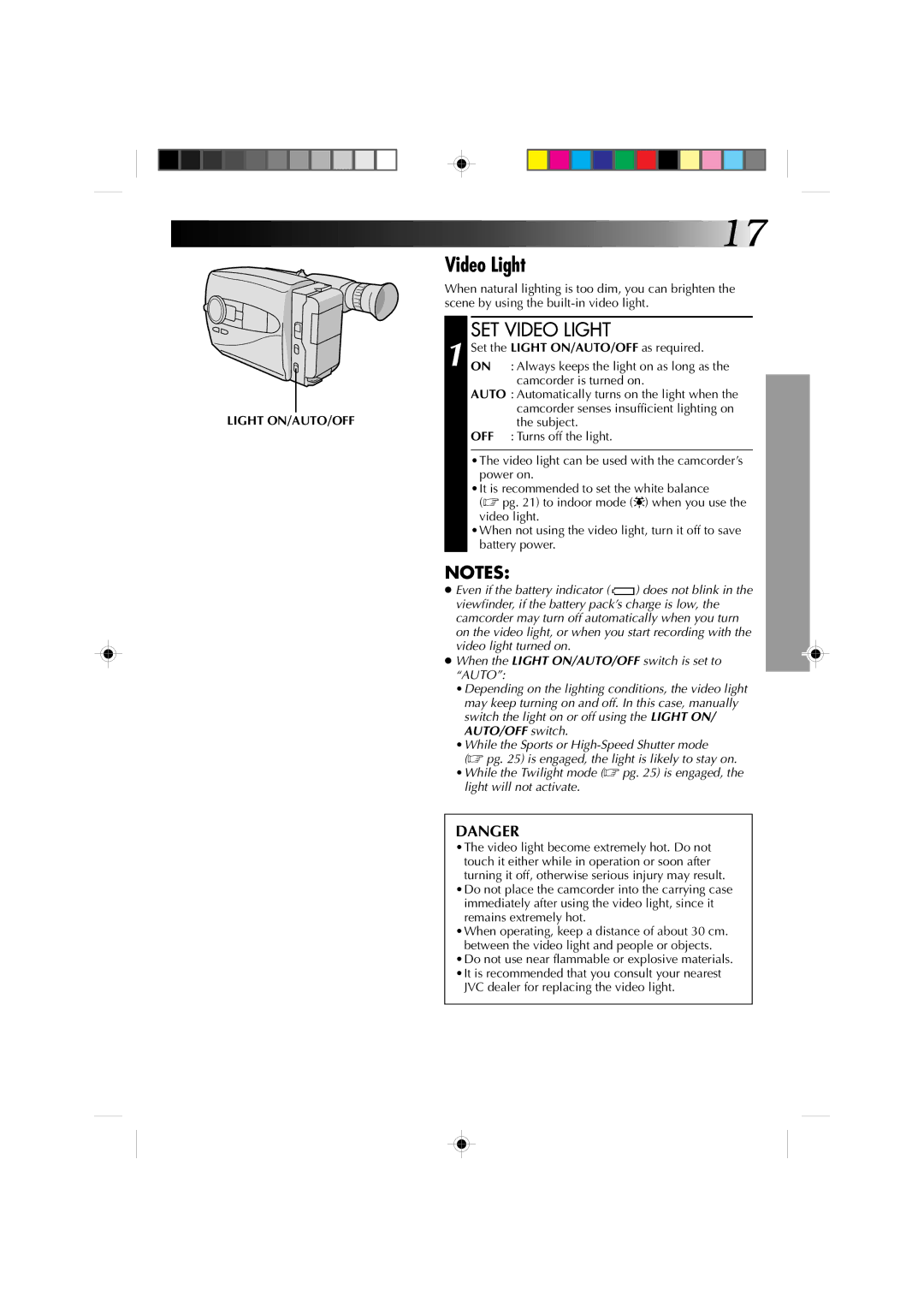 JVC GR-AX860 specifications SET Video Light, Light ON/AUTO/OFF 