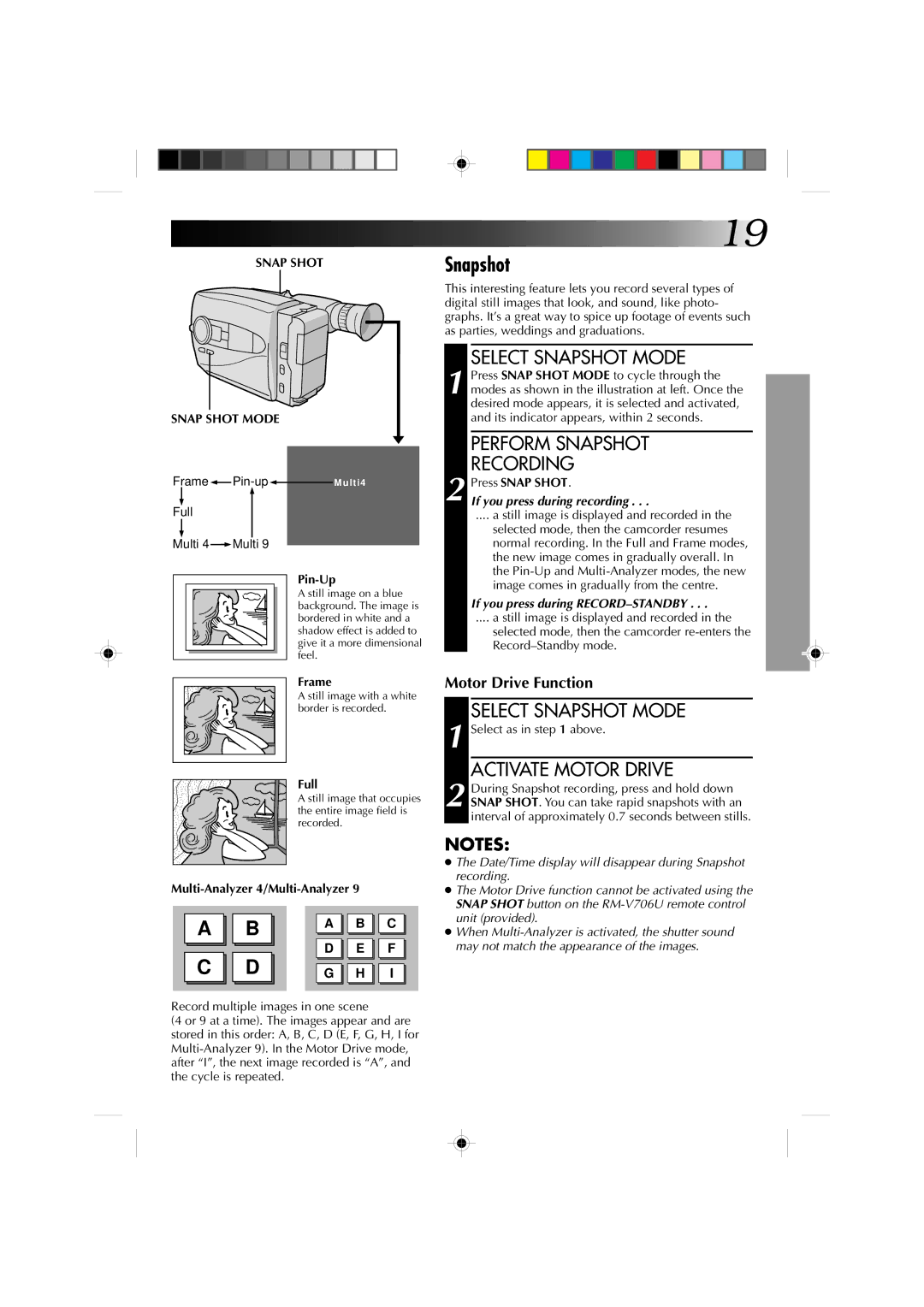 JVC GR-AX860 Select Snapshot Mode, Perform Snapshot Recording, Activate Motor Drive, Snap Shot Snap Shot Mode 