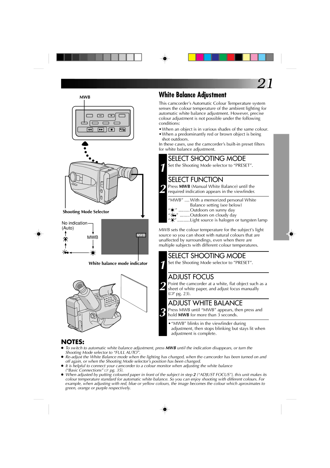 JVC GR-AX860 specifications White Balance Adjustment, Adjust Focus, Adjust White Balance, Mwb, White balance mode indicator 