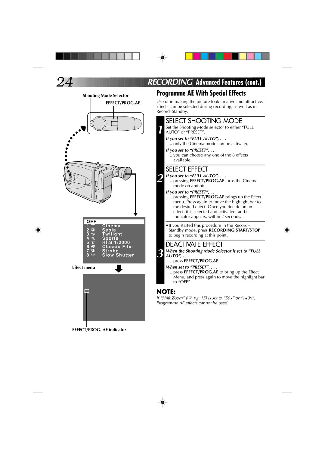 JVC GR-AX860 specifications Programme AE With Special Effects, Select Effect, Deactivate Effect, Effect/Prog.Ae Off 