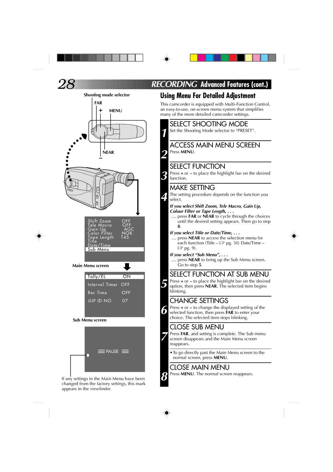 JVC GR-AX860 specifications Using Menu For Detailed Adjustment, Make Setting, Select Function AT SUB Menu, Change Settings 