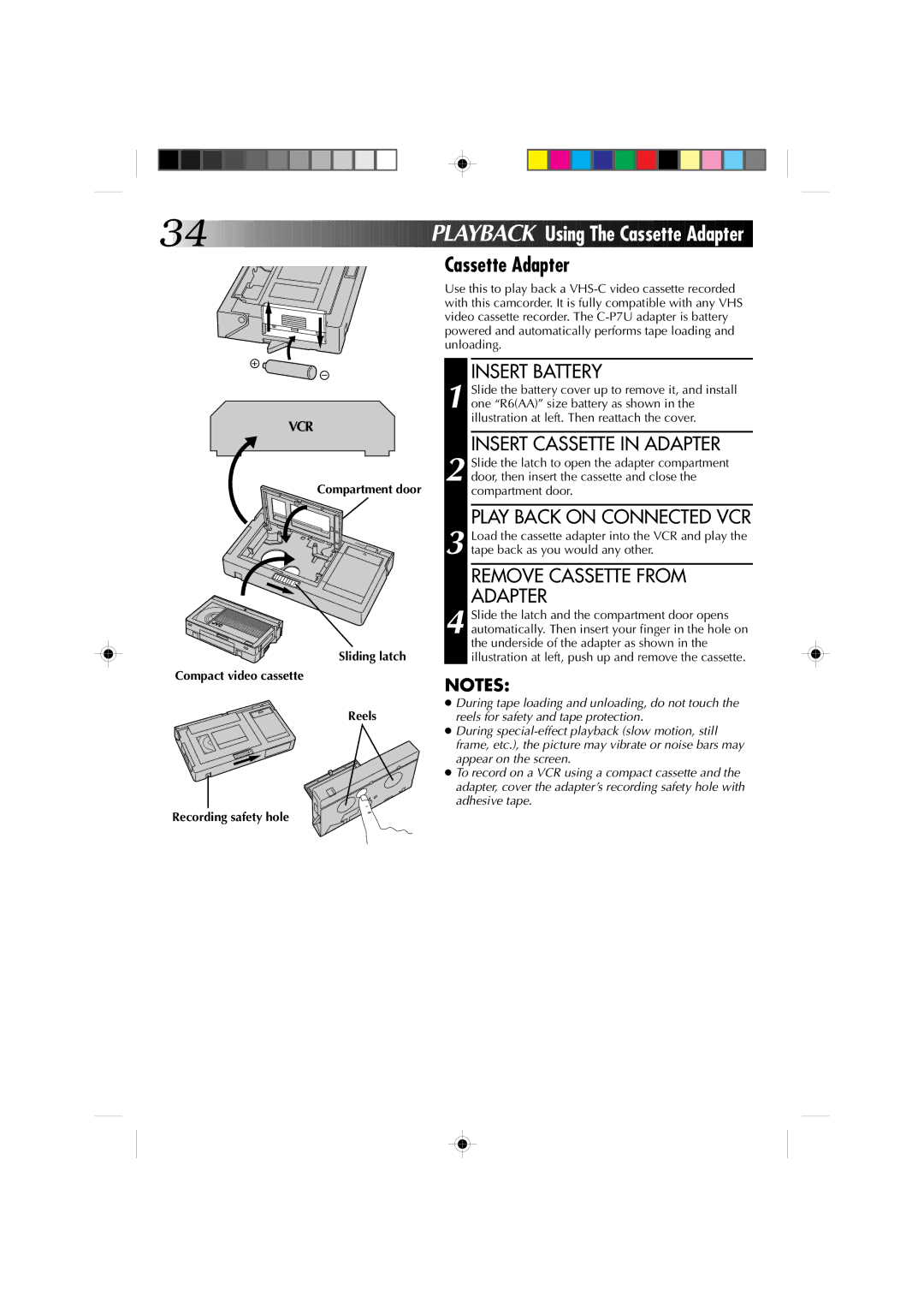 JVC GR-AX860 Cassette Adapter, Insert Cassette in Adapter, Play Back on Connected VCR, Remove Cassette from Adapter 