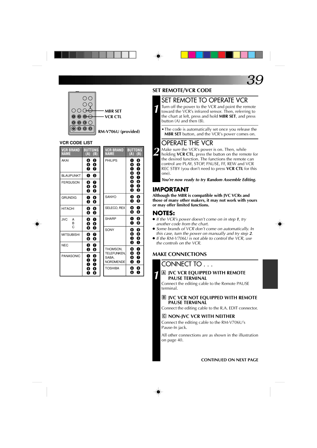 JVC GR-AX860 SET Remote to Operate VCR, Operate the VCR, Connect to, Connect the editing cable to the R.A. Edit connector 