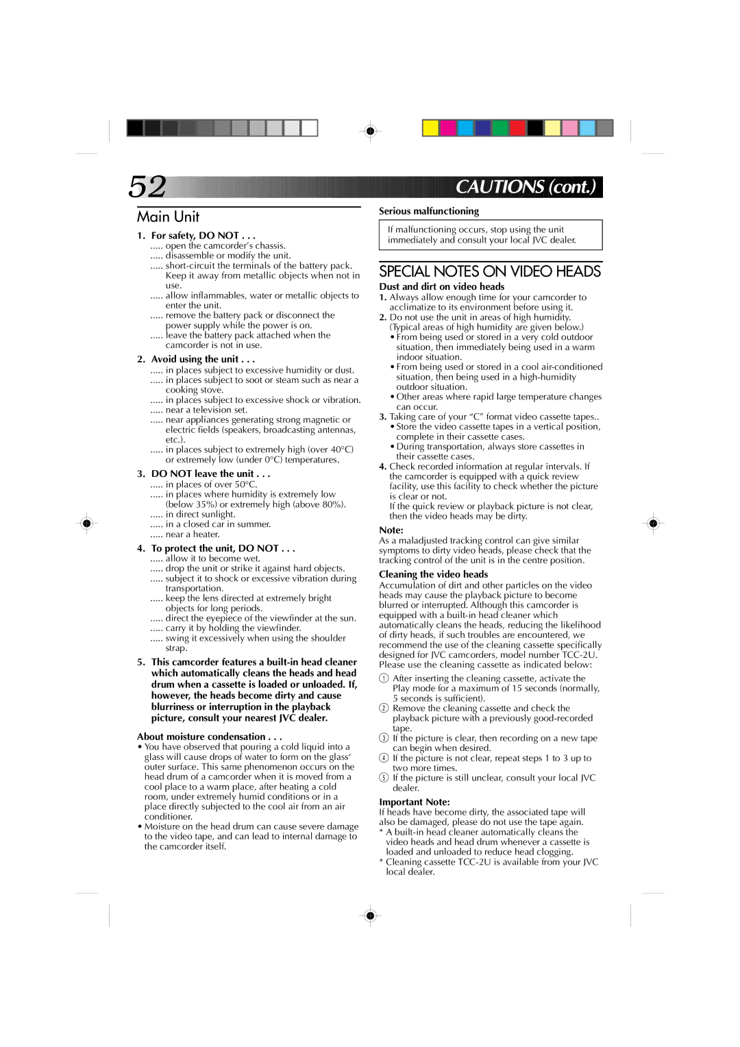 JVC GR-AX860 specifications Special Notes on Video Heads 