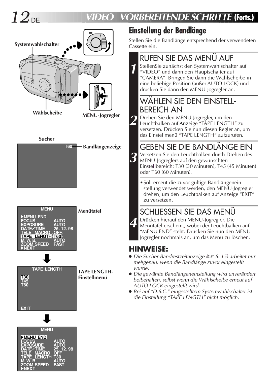 JVC GR-AX880 manual Video Vorbereitende Schritte Forts, Einstellung der Bandlänge, Wählen SIE DEN EINSTELL- Bereich AN 