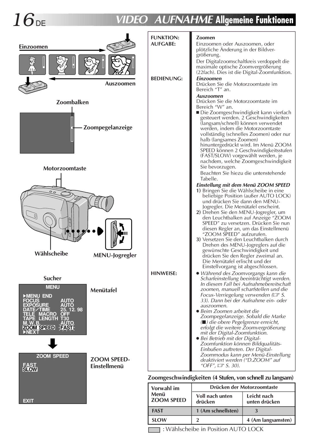 JVC GR-AX880 manual Video Aufnahme Allgemeine Funktionen, MENU-Jogregler Menütafel, Wählscheibe in Position Auto Lock 