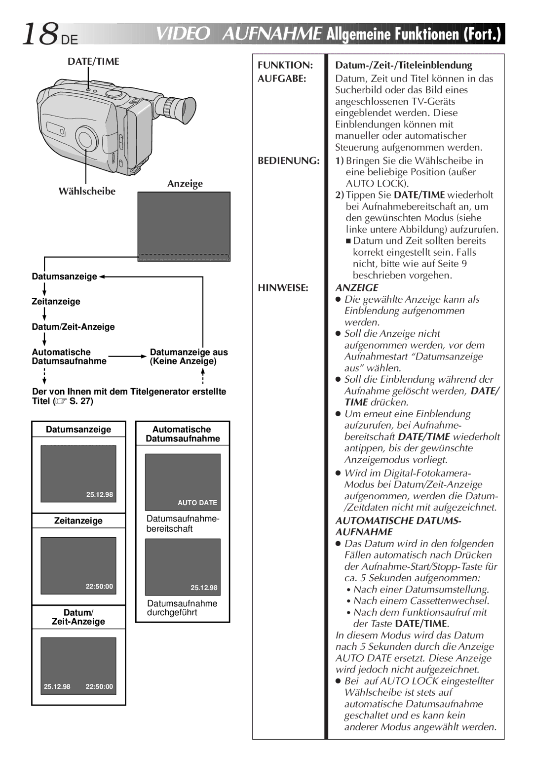 JVC GR-AX880 manual Video Aufnahme Allgemeine Funktionen Fort, DATE/TIME Funktion, Aufgabe, Bedienung, Hinweise 