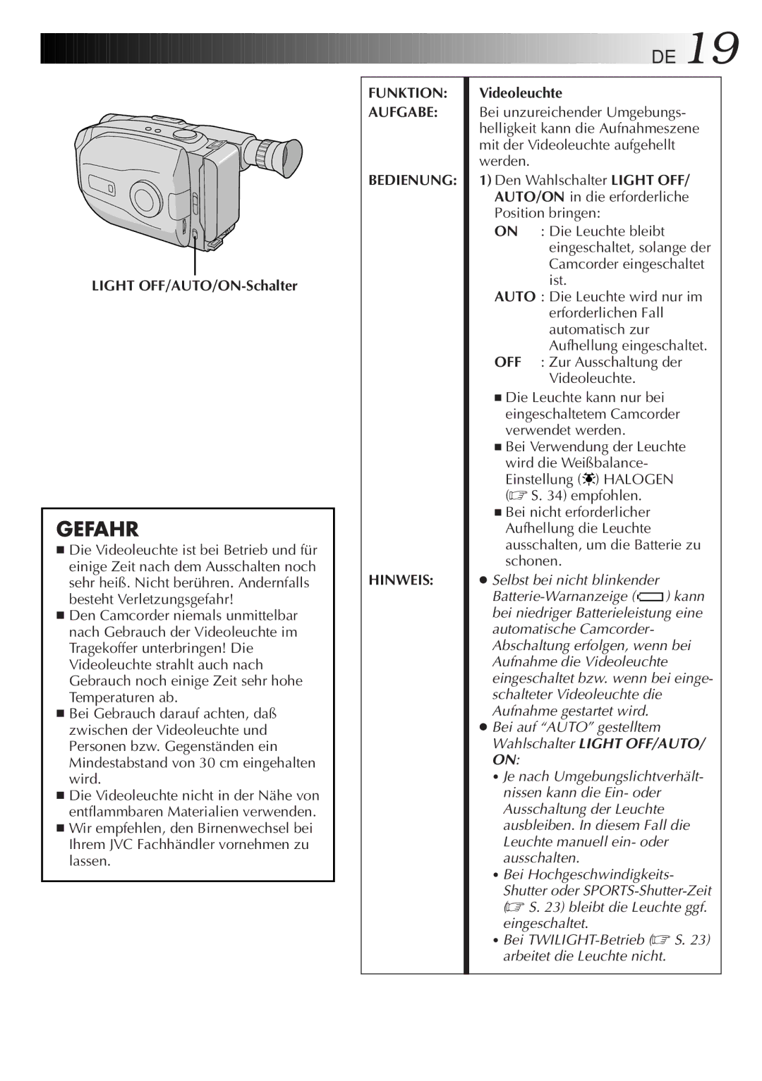 JVC GR-AX880 manual Light OFF/AUTO/ON-Schalter, Videoleuchte 