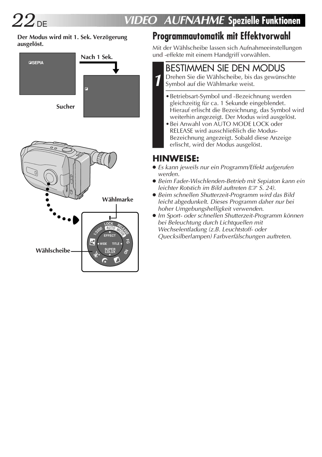 JVC GR-AX880 manual DE Video Aufnahme Spezielle Funktionen, Bestimmen SIE DEN Modus, Sucher Wählmarke 