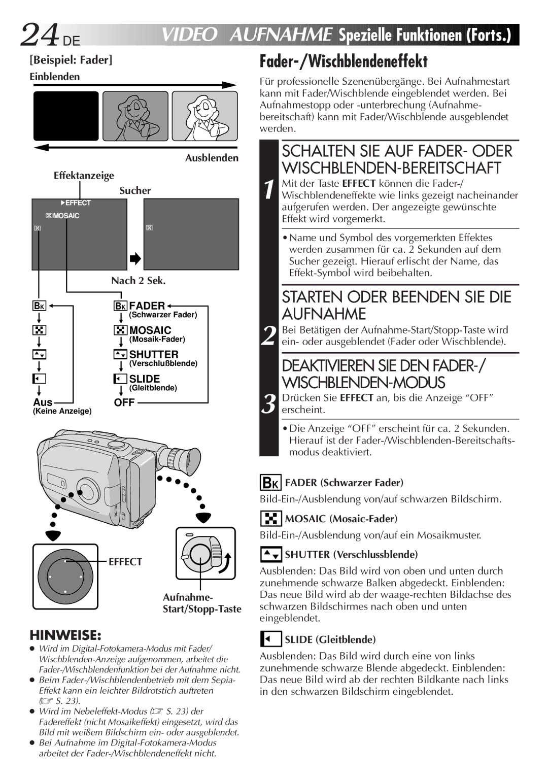 JVC GR-AX880 Video Aufnahme Spezielle Funktionen Forts, Fader-/Wischblendeneffekt, Starten Oder Beenden SIE DIE Aufnahme 