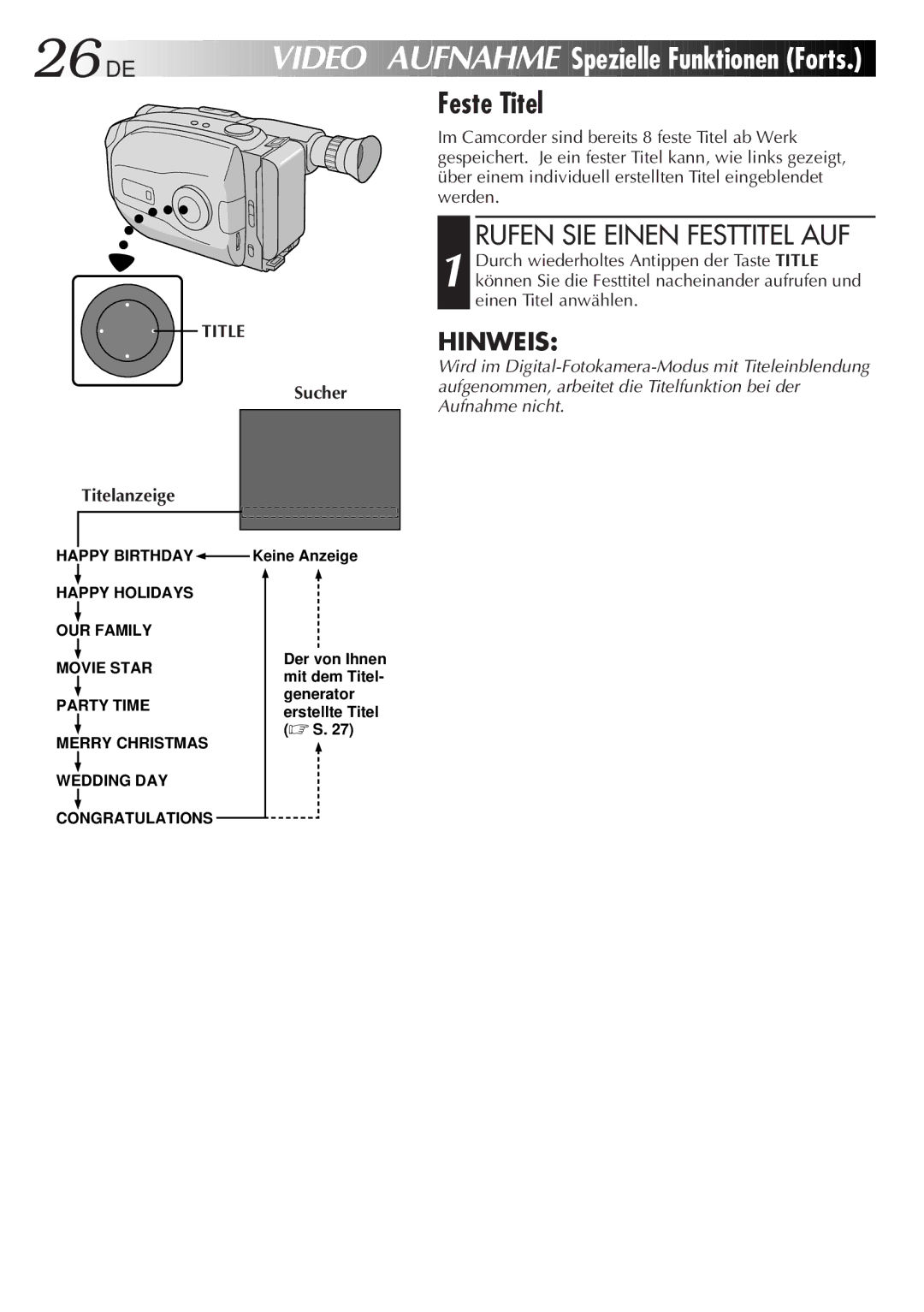 JVC GR-AX880 manual Feste Titel, Rufen SIE Einen Festtitel AUF, Titelanzeige Sucher 