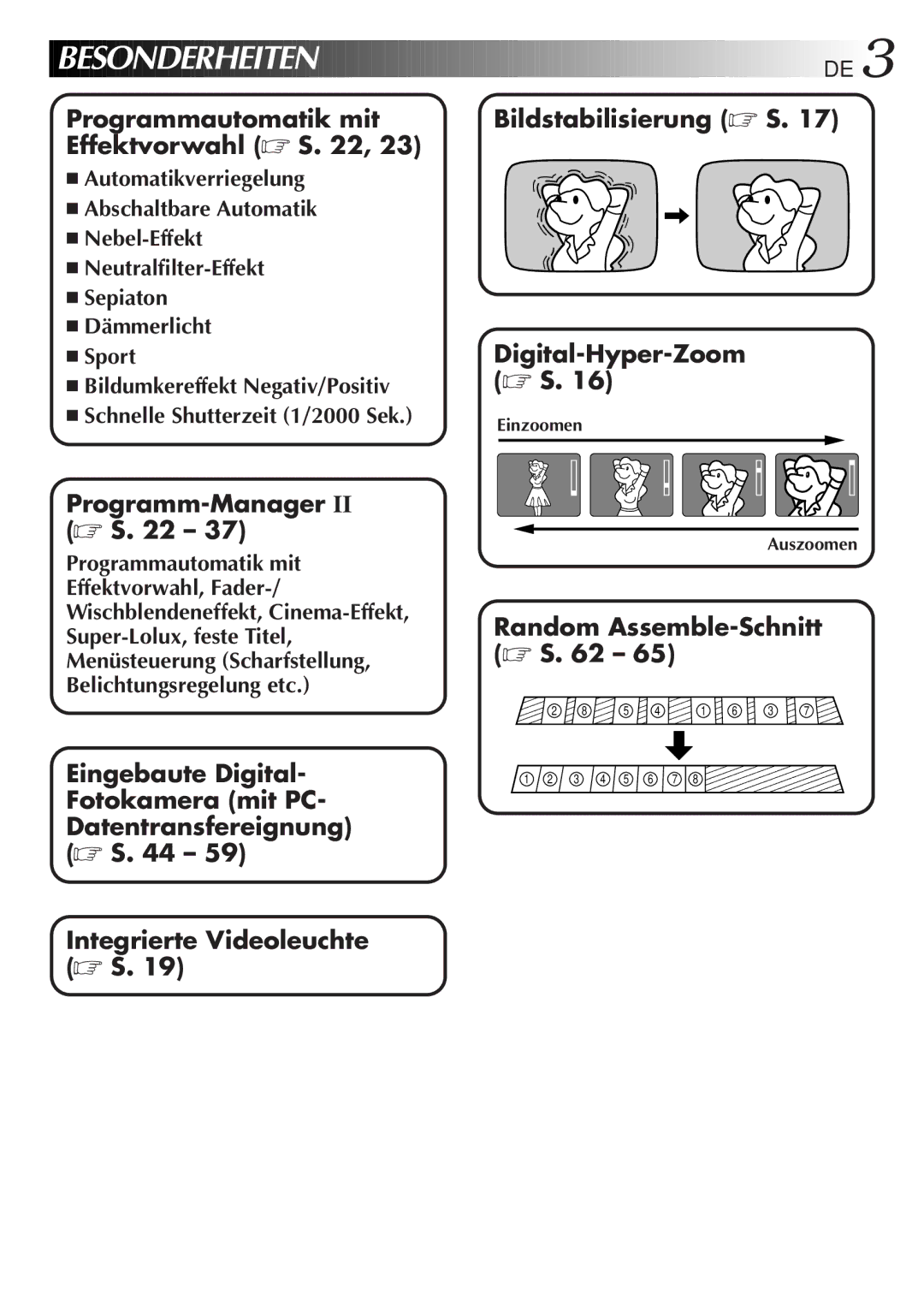 JVC GR-AX880 manual Besonderheiten DE, Einzoomen Auszoomen 