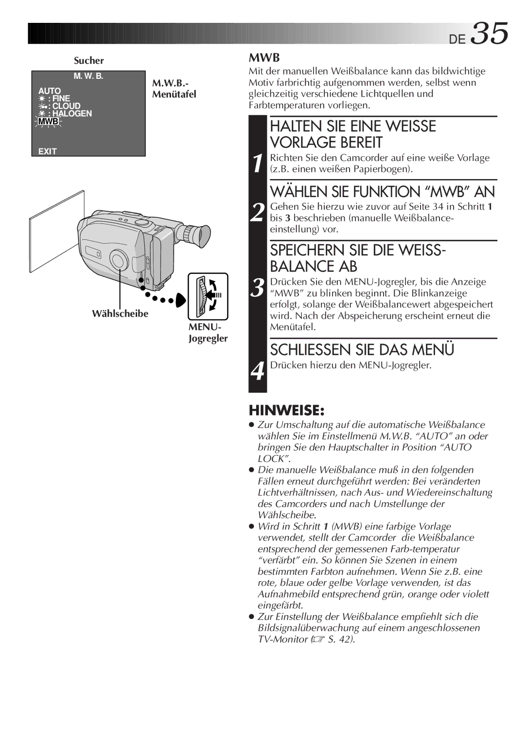 JVC GR-AX880 manual B.- Menütafel 