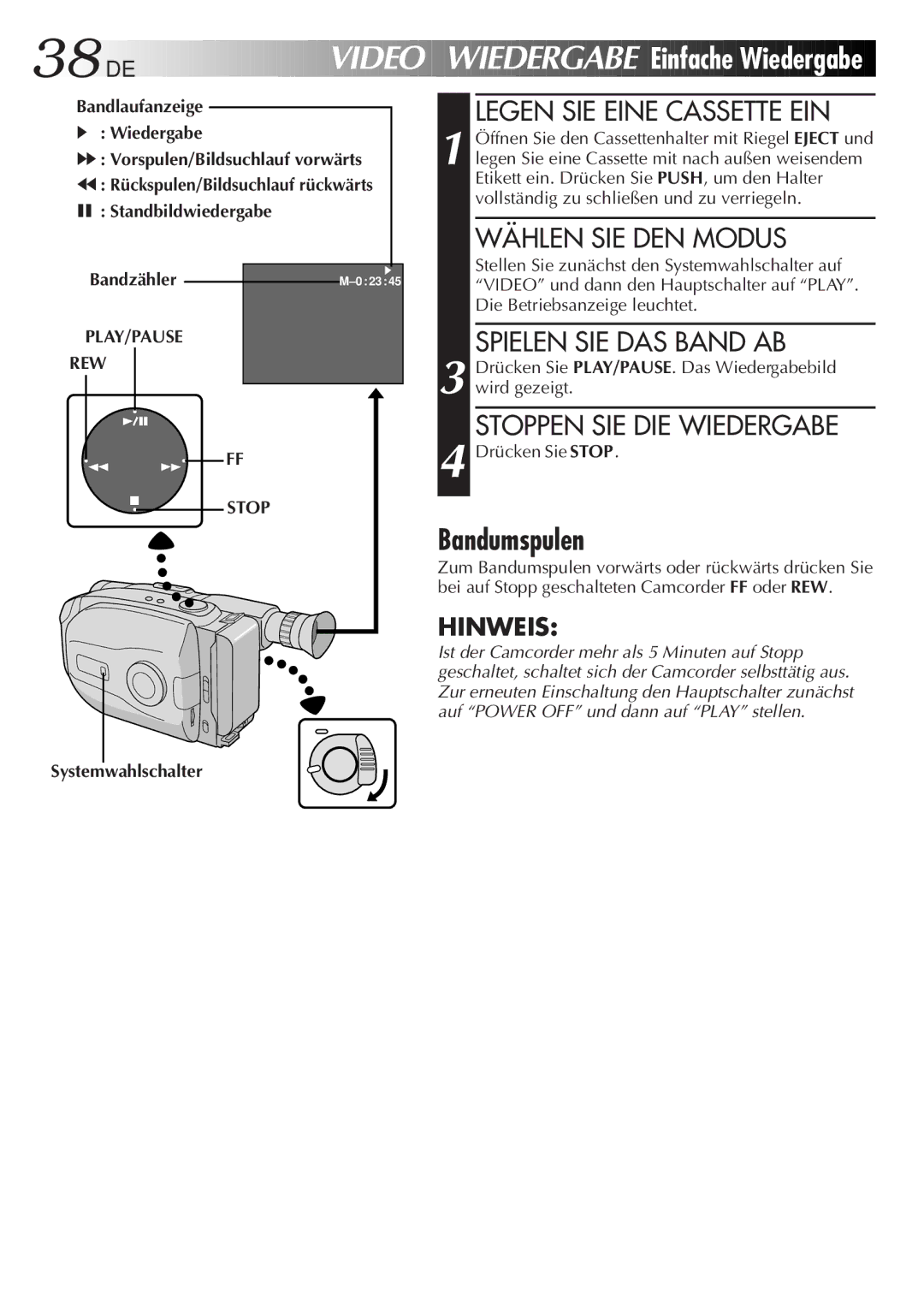 JVC GR-AX880 manual Einfache Wiedergabe, Bandumspulen, Spielen SIE DAS Band AB, Stoppen SIE DIE Wiedergabe 