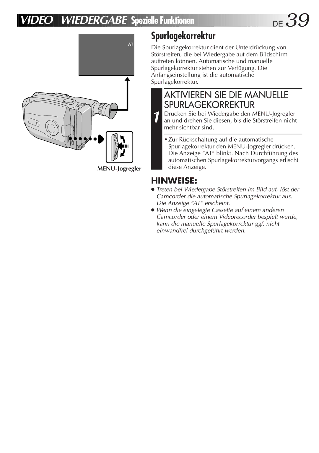 JVC GR-AX880 manual Video Wiedergabe Spezielle Funktionen DE, Spurlagekorrektur, Aktivieren SIE DIE Manuelle 