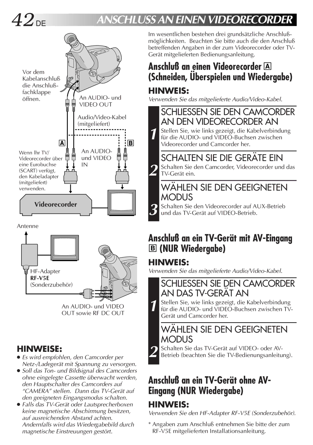 JVC GR-AX880 manual NUR Wiedergabe, Schalten SIE DIE Geräte EIN, Wählen SIE DEN Geeigneten Modus 